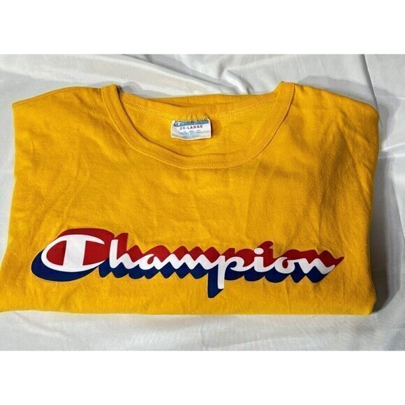 Vtg 80’s Champion Shawdow Spellout T-Shirt 2XLarge Yellow EUC Red White Blue - Picture 5 of 5